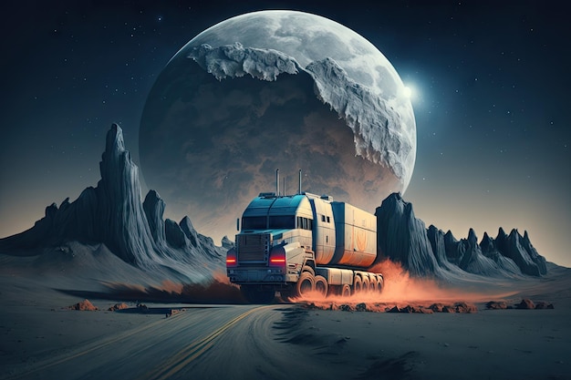 Camion futuriste grondant à travers le paysage lunaire avec la lune en arrière-plan