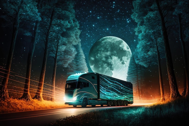 Camion futuriste passant à toute allure dans la forêt la nuit avec un ciel étoilé visible à travers les arbres