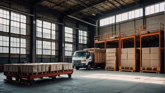 Un camion garé à l'intérieur d'un entrepôt d'un centre logistique