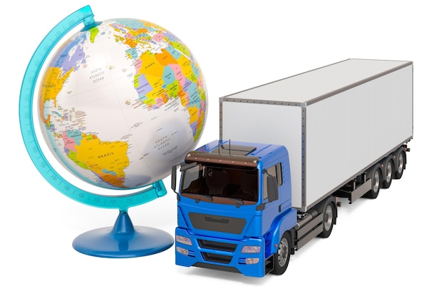 Camion avec Globe géographique Livraison mondiale et concept de transport de marchandises rendu 3D