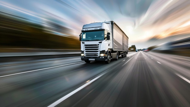 Un camion à grande vitesse sur l'autoroute montre le mouvement et la puissance logistique