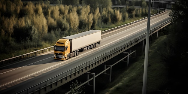 Un camion jaune sur une autoroute avec un pont en arrière-plan