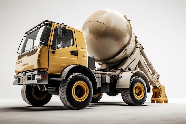 Un camion jaune avec une bétonnière sur le côté.