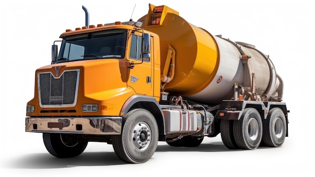 un camion jaune avec un réservoir à l'arrière.