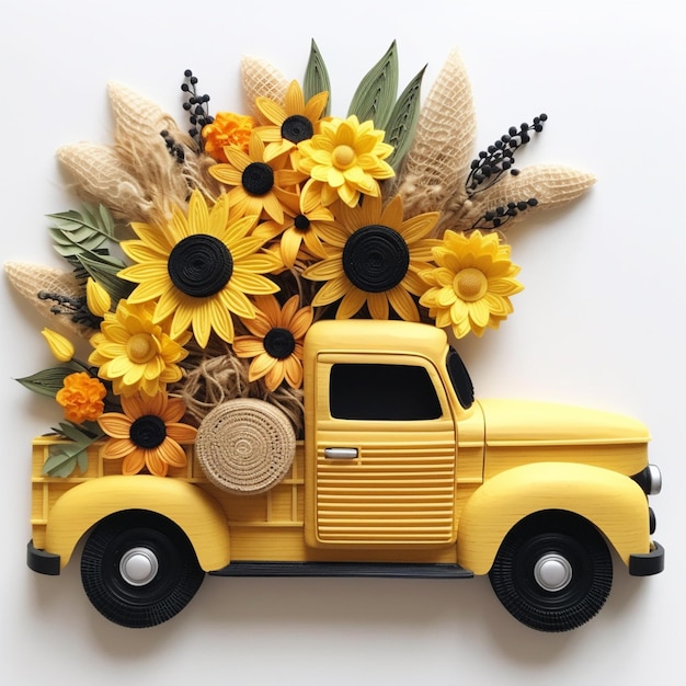 Un camion jaune avec des tournesols et du maïs à l'arrière