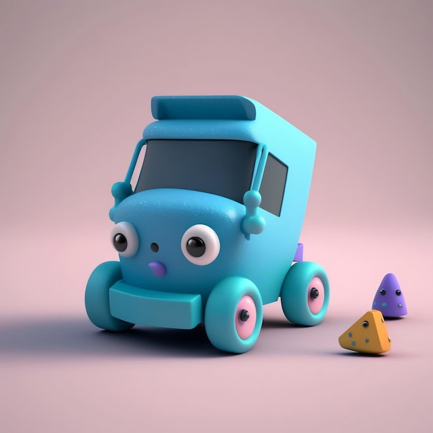 Un camion jouet bleu avec un nez rose et un nez rose.