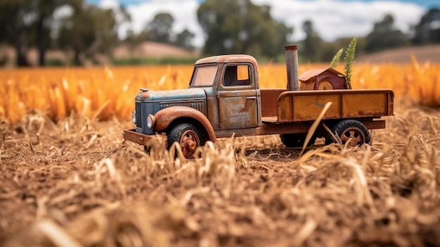 Un camion jouet dans un champ avec un champ de céréales en arrière-plan.