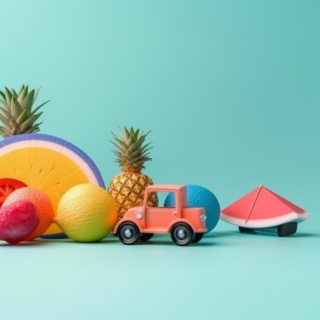 Un camion jouet est à côté d'un stand de fruits et d'un stand de fruits.