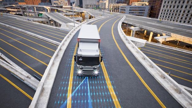 Camion de livraison autonome dans la rue dans le rendu 3d de la ville