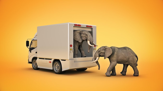 camion de livraison blanc avec un rendu 3d d'éléphant