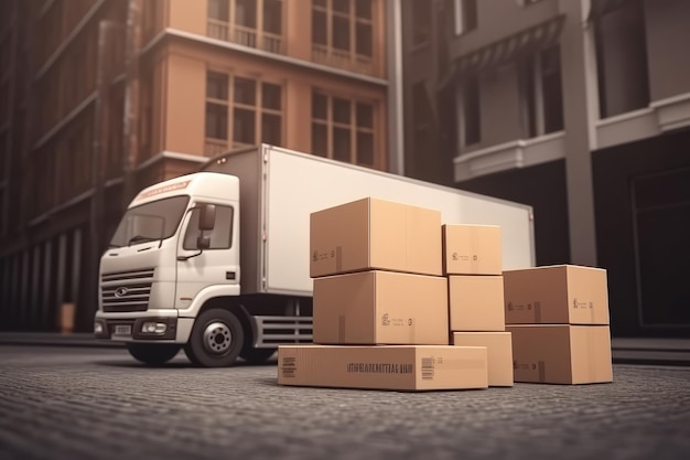 Camion de livraison avec boîtes en carton et transport routier