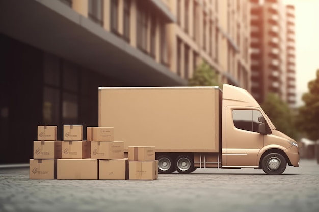 Camion de livraison avec cartons et transport routier AI