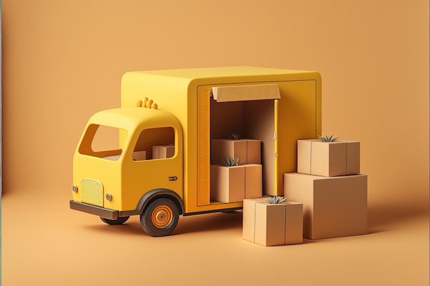 Camion de livraison jaune avec boîtes en carton, fond jaune. IA générative