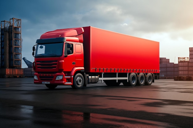 Photo un camion de livraison rouge avec une longue remorque vide avec un modèle d'arrière-plan industriel spatial