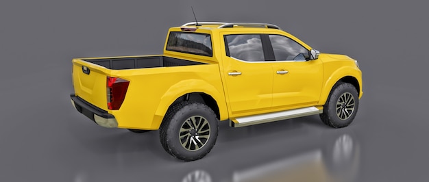 Camion de livraison de véhicule utilitaire jaune à double cabine. Machine sans insigne avec un corps vide propre pour accueillir vos logos et étiquettes. rendu 3D.