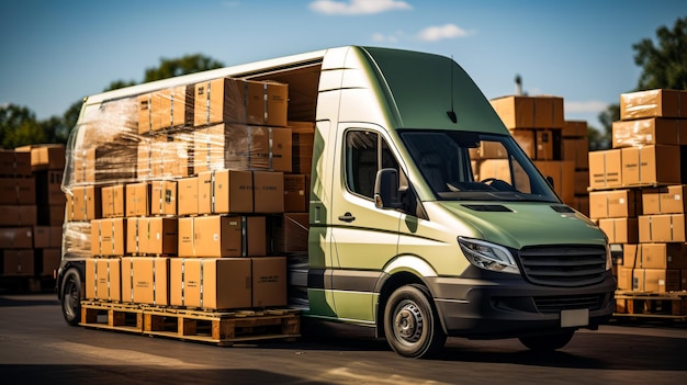 Un camion de livraison vert avec des boîtes à l'arrière.