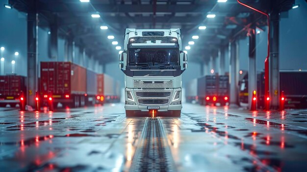 un camion avec des lumières au néon rouges dans un couloir sombre