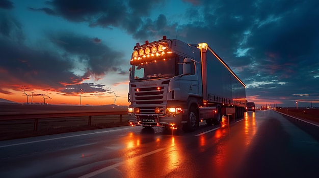 Un camion avec des lumières descend la route.