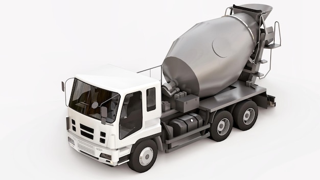 Camion malaxeur à béton avec cabine blanche et malaxeur gris sur fond blanc. Illustration en trois dimensions de l'équipement de construction. rendu 3D.