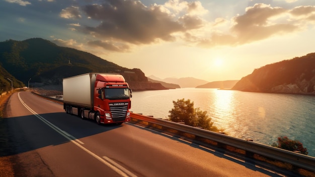 Un camion de marchandises roule sur l'autoroute au coucher du soleil avec des grues industrielles en arrière-plan