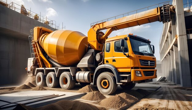 un camion mélangeur de béton versant du béton dans un coffrage sur un chantier de construction