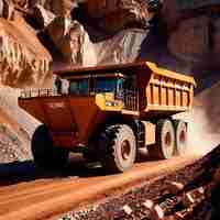 Photo un camion minier géant transportant des roches et du minerai à travers la zone de la carrière.