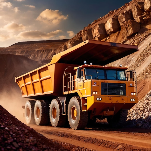 Un camion minier géant transportant des roches et du minerai à travers la zone de la carrière.