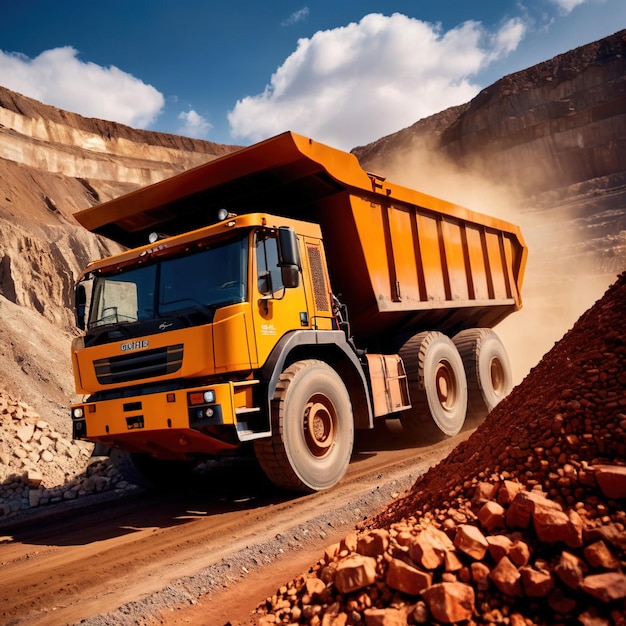 Photo un camion minier géant transportant des roches et du minerai à travers la zone de la carrière.