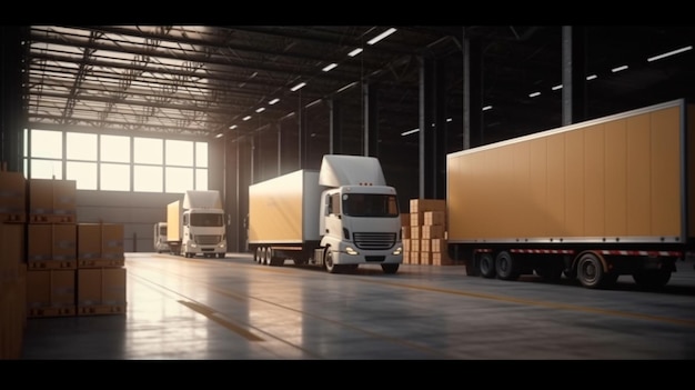 Camion moderne rempli de boîtes d'expédition dans une baie d'entrepôt logistique et livraison Generative AI
