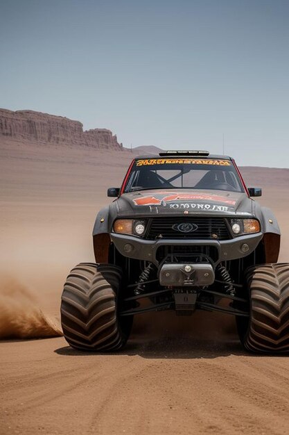 Un camion-monstre futuriste en course dans le désert.