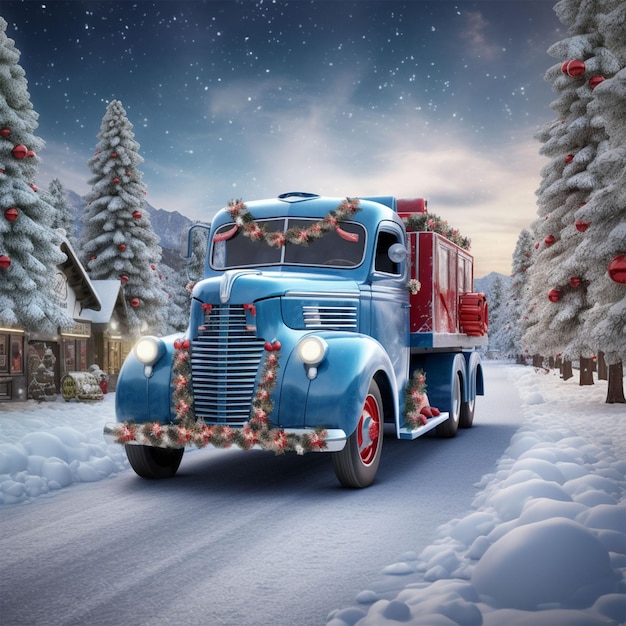 Photo un camion de noël bleu avec des lumières