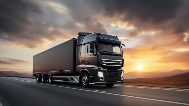 Camion noir avec conteneur sur le transport de marchandises sur autoroute