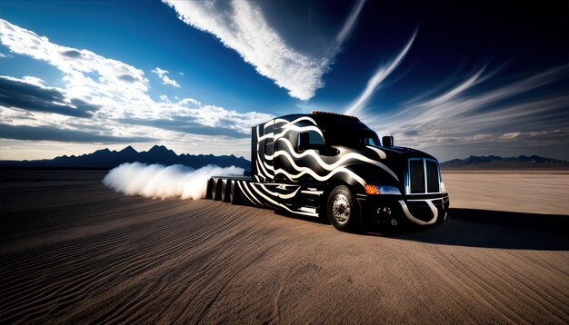 Un camion noir avec un dessin de flamme roule sur un chemin de terre