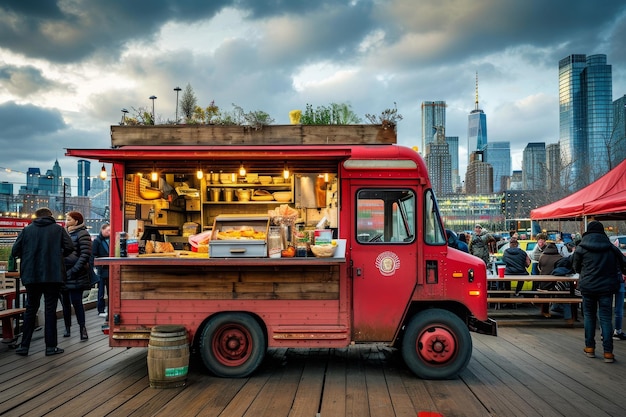 Un camion de nourriture est garé sur un pont en bois servant de délicieux repas aux clients Un camion de cuisine rustique au milieu d'une ville animée générée par l'IA