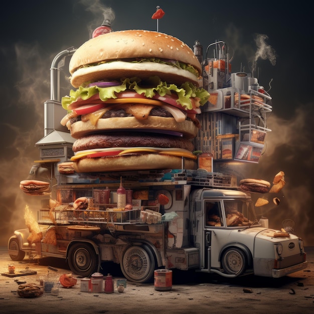 Photo un camion de nourriture avec un grand burger sur le dessus