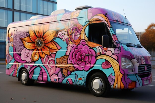 Un camion de nourriture multicolore moderne dans la rue