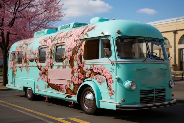 Un camion de nourriture multicolore moderne dans la rue