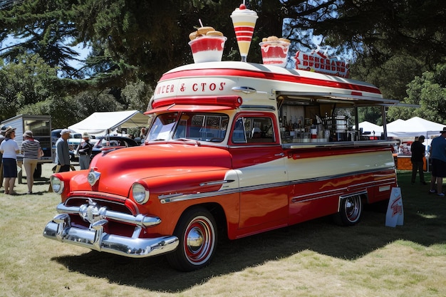 Un camion de nourriture rouge et blanc se trouve sur un terrain couvert d'herbe. Un camion de nourriture de milkshake et de hamburger de style années 1950 lors d'un salon de voitures classiques AI généré