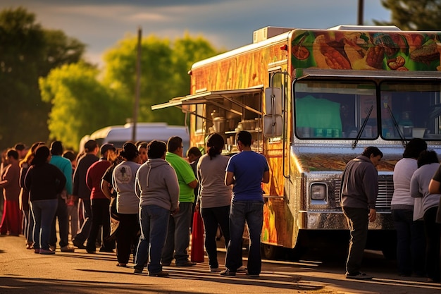Photo un camion de nourriture tamale avec une file de clients qui attendent de commander