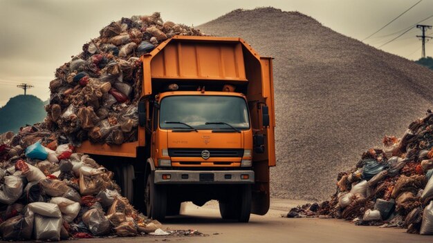 Un camion à ordures au dépotoir.