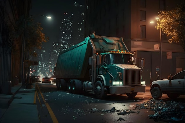 Camion à ordures dans la ville de nuit Réseau de neurones généré par l'IA