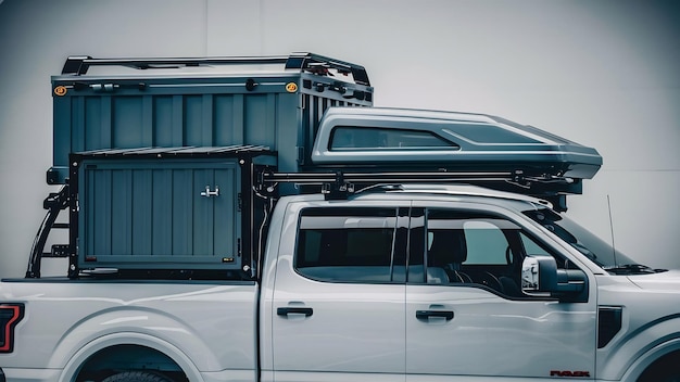 Photo camion pick-up blanc avec rack de toit de boîte à conteneurs pour le transport