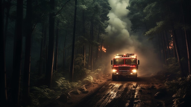 camion de pompiers dans la forêt