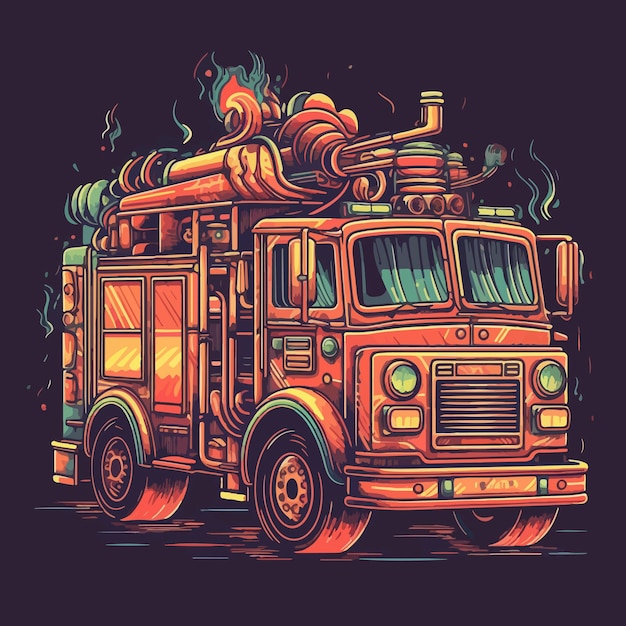 Un camion de pompiers de dessin animé avec un camion de pompiers à l'avant.