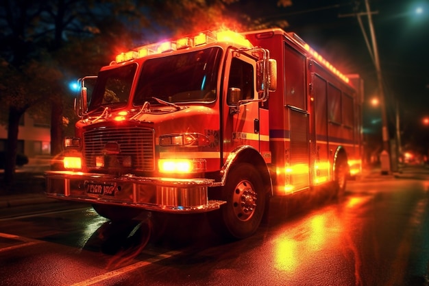 Un camion de pompiers avec le numéro 4 sur le devant roule dans une rue.