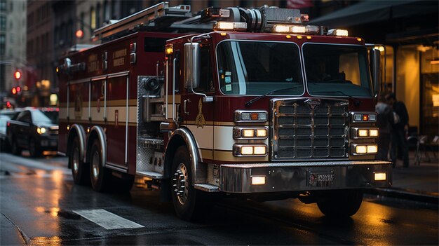 un camion de pompiers rouge roule dans la rue.