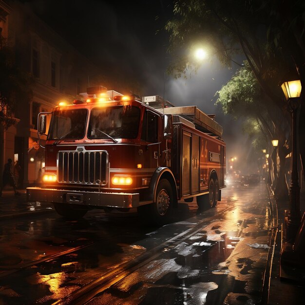 Photo un camion de pompiers se précipite dans la rue la nuit.