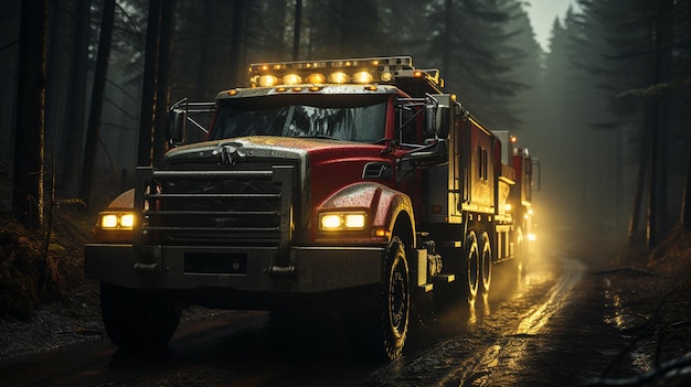 Un camion de pompiers traversant une forêt.