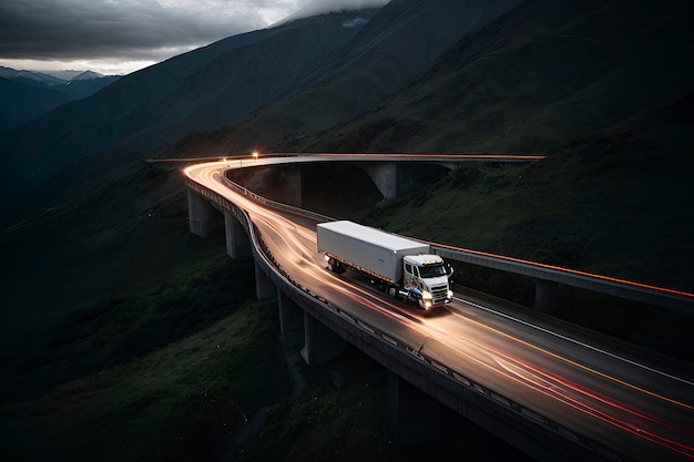 Un camion de pont moderne élégant naviguant sur une route de montagne sinueuse ses phares perçant l'obscurité