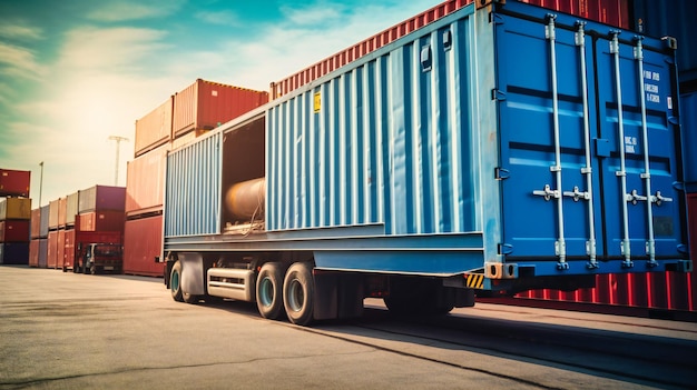 Un camion porte-conteneurs dans un port maritime pour la logistique commerciale et le transport de porte-conteneurs mettant en valeur la convergence du transport terrestre et maritime